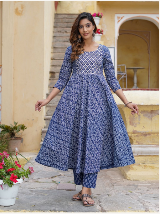 Women's Blue Cotton Kurta Set