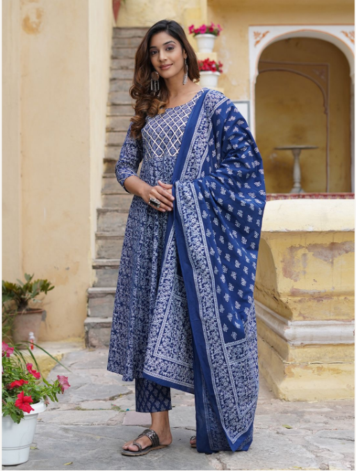Women's Blue Cotton Kurta Set