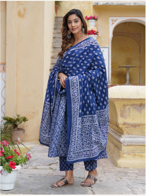 Women's Blue Cotton Kurta Set