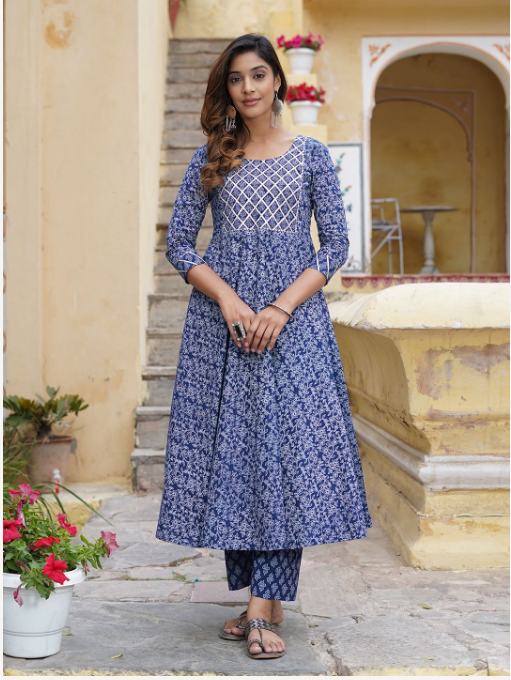Women's Blue Cotton Kurta Set