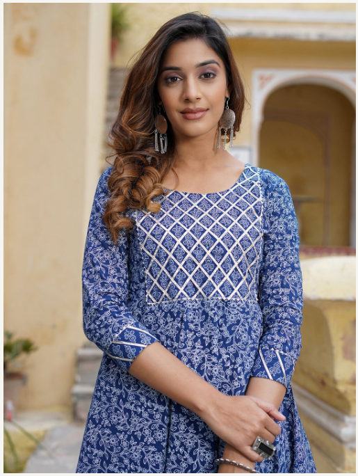 Women's Blue Cotton Kurta Set