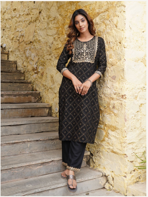 Women's Black Viscose Rayon Kurta Set - Jaitpuriya Fashion
