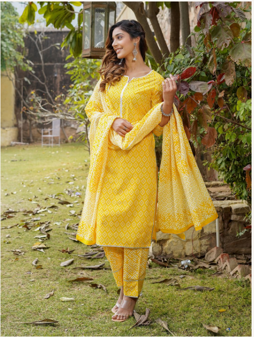 Women's Yellow Cotton Kurta Set - Jaitpuriya Fashion