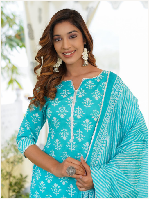 Women's Turquoise Cotton Kurta Set