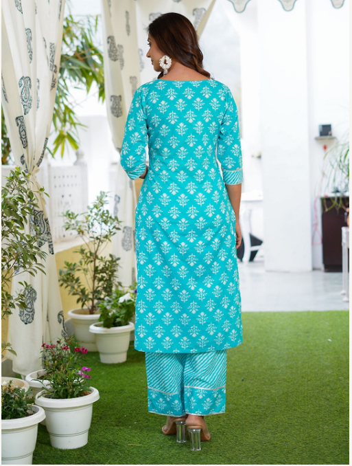 Women's Turquoise Cotton Kurta Set - Jaitpuriya Fashion