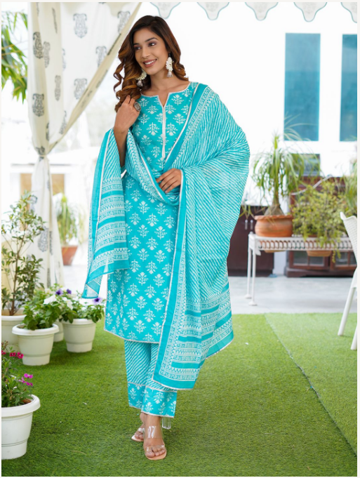 Women's Turquoise Cotton Kurta Set