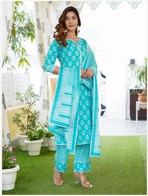 Women's Turquoise Cotton Kurta Set