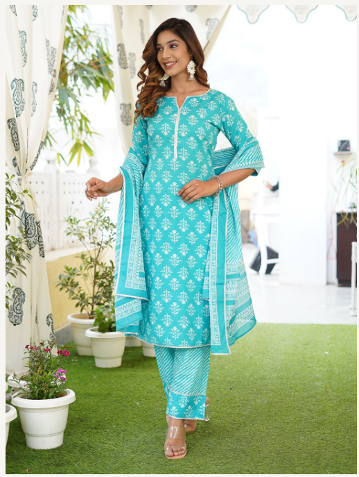 Women's Turquoise Cotton Kurta Set