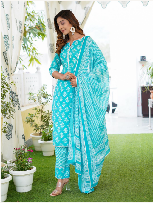 Women's Turquoise Cotton Kurta Set