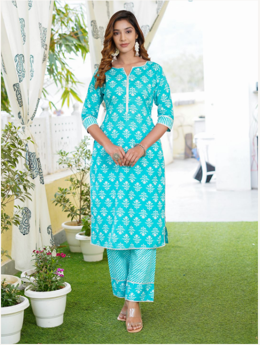 Women's Turquoise Cotton Kurta Set
