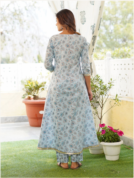 Women's Light Blue Cotton Kurta Set - Jaitpuriya Fashion