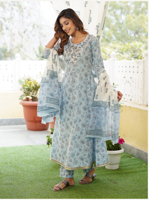 Women's Light Blue Cotton Kurta Set - Jaitpuriya Fashion