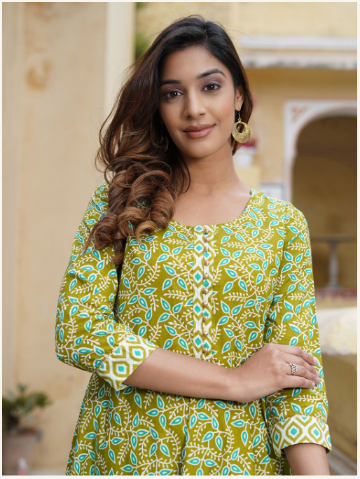 Women's Green Cotton Kurta Set - Jaitpuriya Fashion