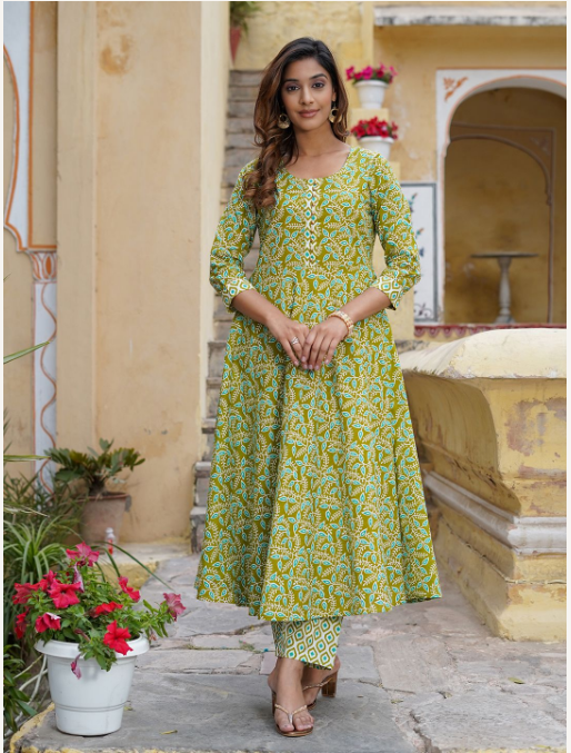 Women's Green Cotton Kurta Set - Jaitpuriya Fashion