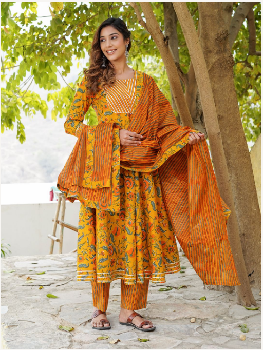Women's Mustard Cotton Kurta Set