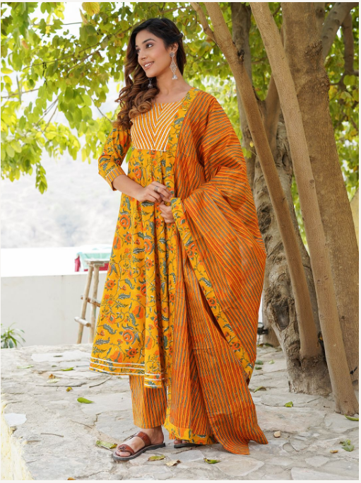 Women's Mustard Cotton Kurta Set
