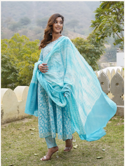 Women's Blue Cotton Kurta Set