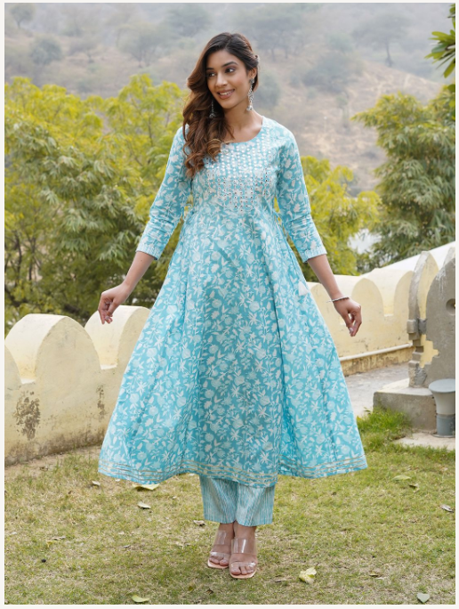 Women's Blue Cotton Kurta Set