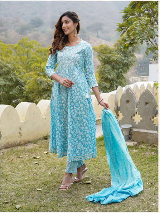 Women's Blue Cotton Kurta Set