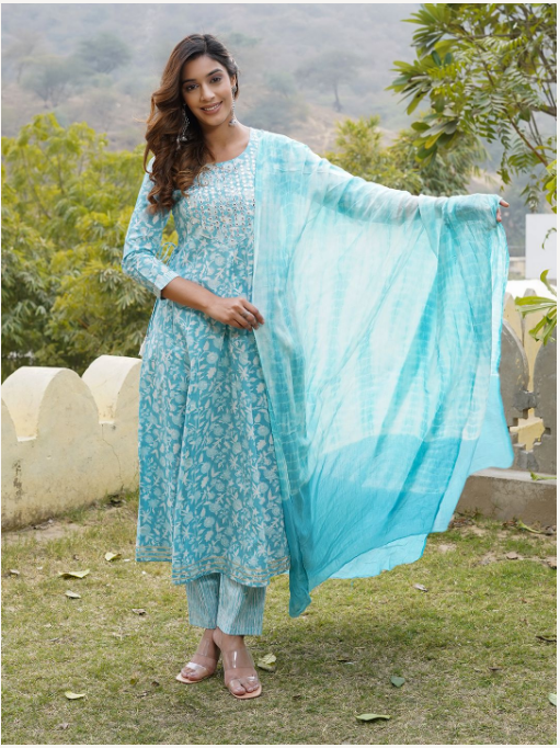 Women's Blue Cotton Kurta Set - Jaitpuriya Fashion