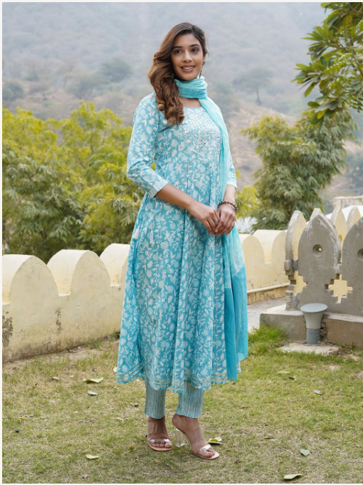 Women's Blue Cotton Kurta Set
