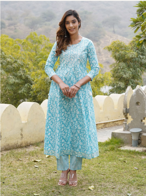 Women's Blue Cotton Kurta Set