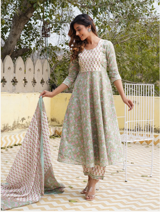 Women's Teal Cotton Kurta Set