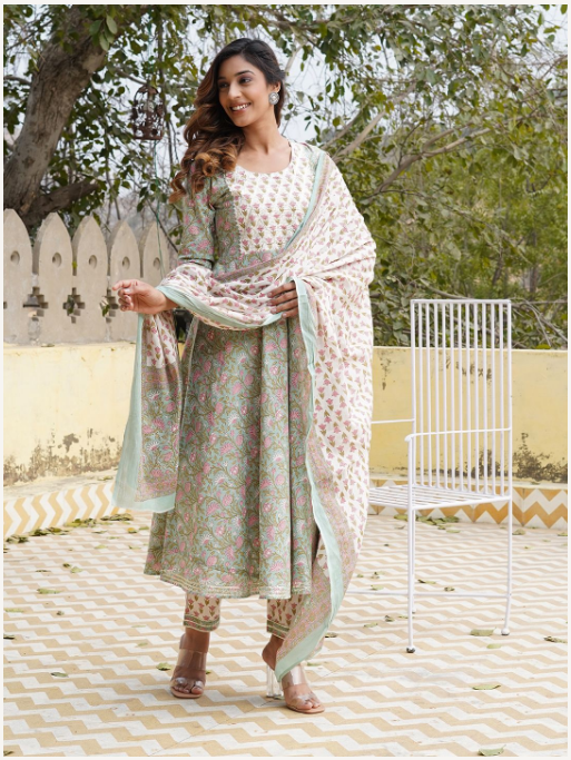 Women's Teal Cotton Kurta Set - Jaitpuriya Fashion