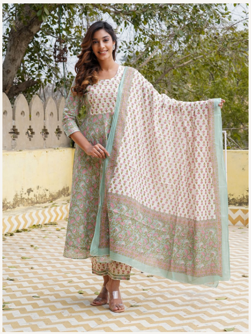 Women's Teal Cotton Kurta Set