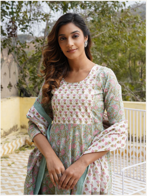 Women's Teal Cotton Kurta Set