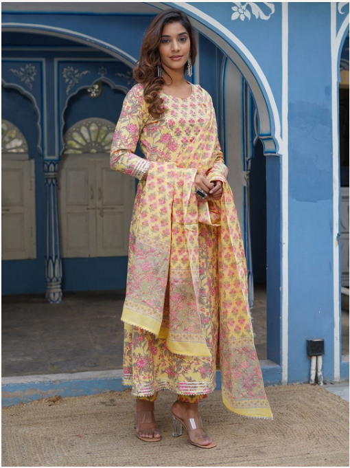 Women's Mustard Cotton Kurta Set - Jaitpuriya Fashion