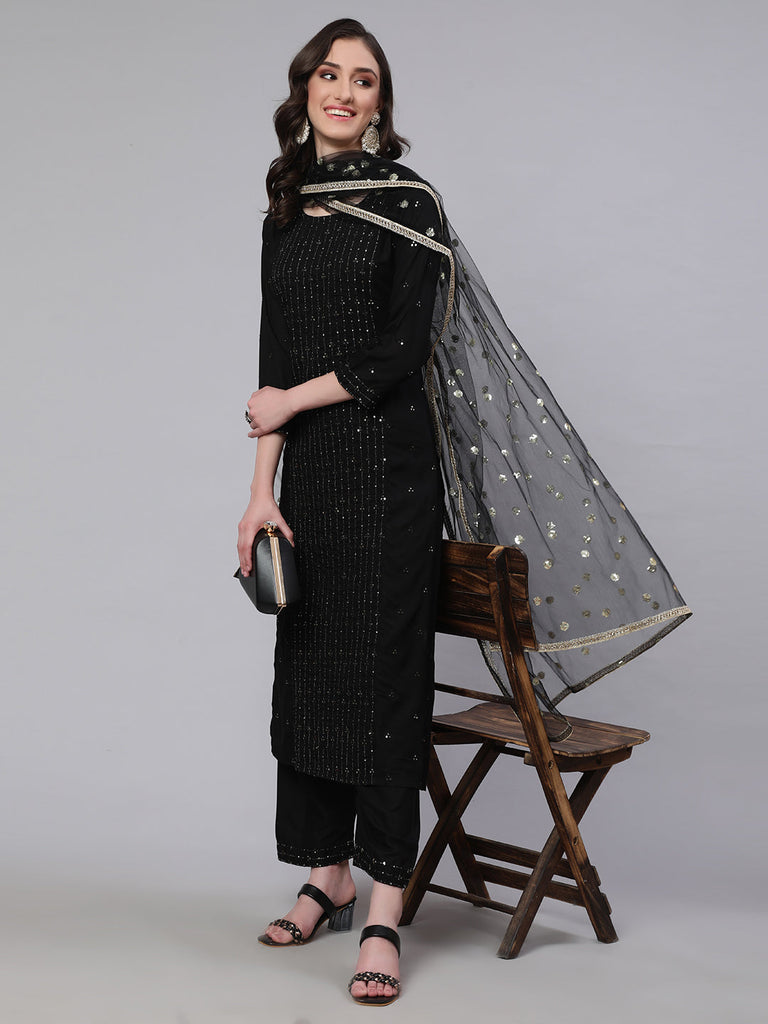 Women's Black Embroidered Straight Kurta With Palazzo And Net Dupatta