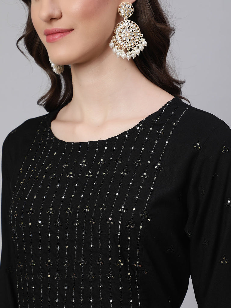 Women's Black Embroidered Straight Kurta With Palazzo And Net Dupatta