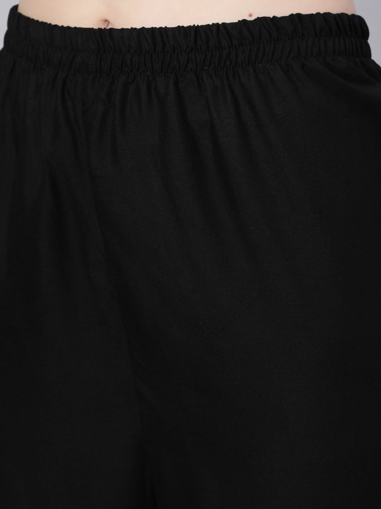 Women's Black Embroidered Straight Kurta With Palazzo And Net Dupatta