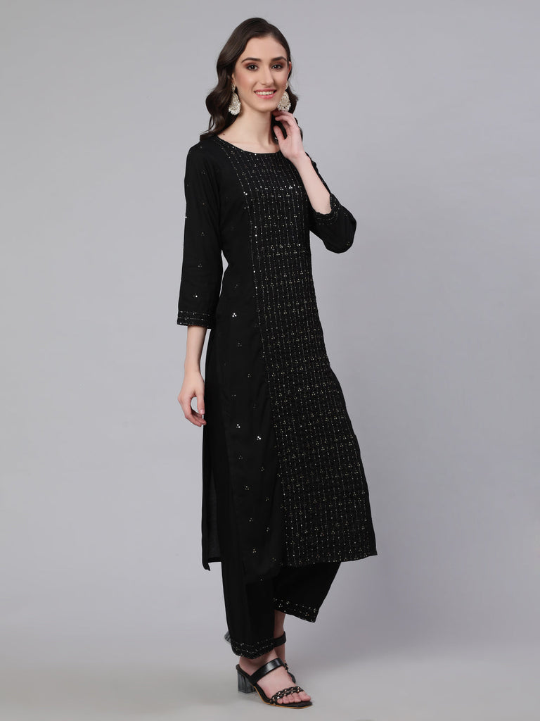 Women's Black Embroidered Straight Kurta With Palazzo And Net Dupatta