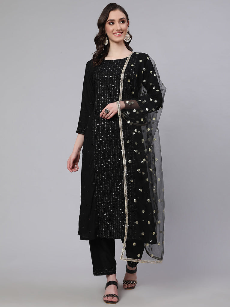 Women's Black Embroidered Straight Kurta With Palazzo And Net Dupatta