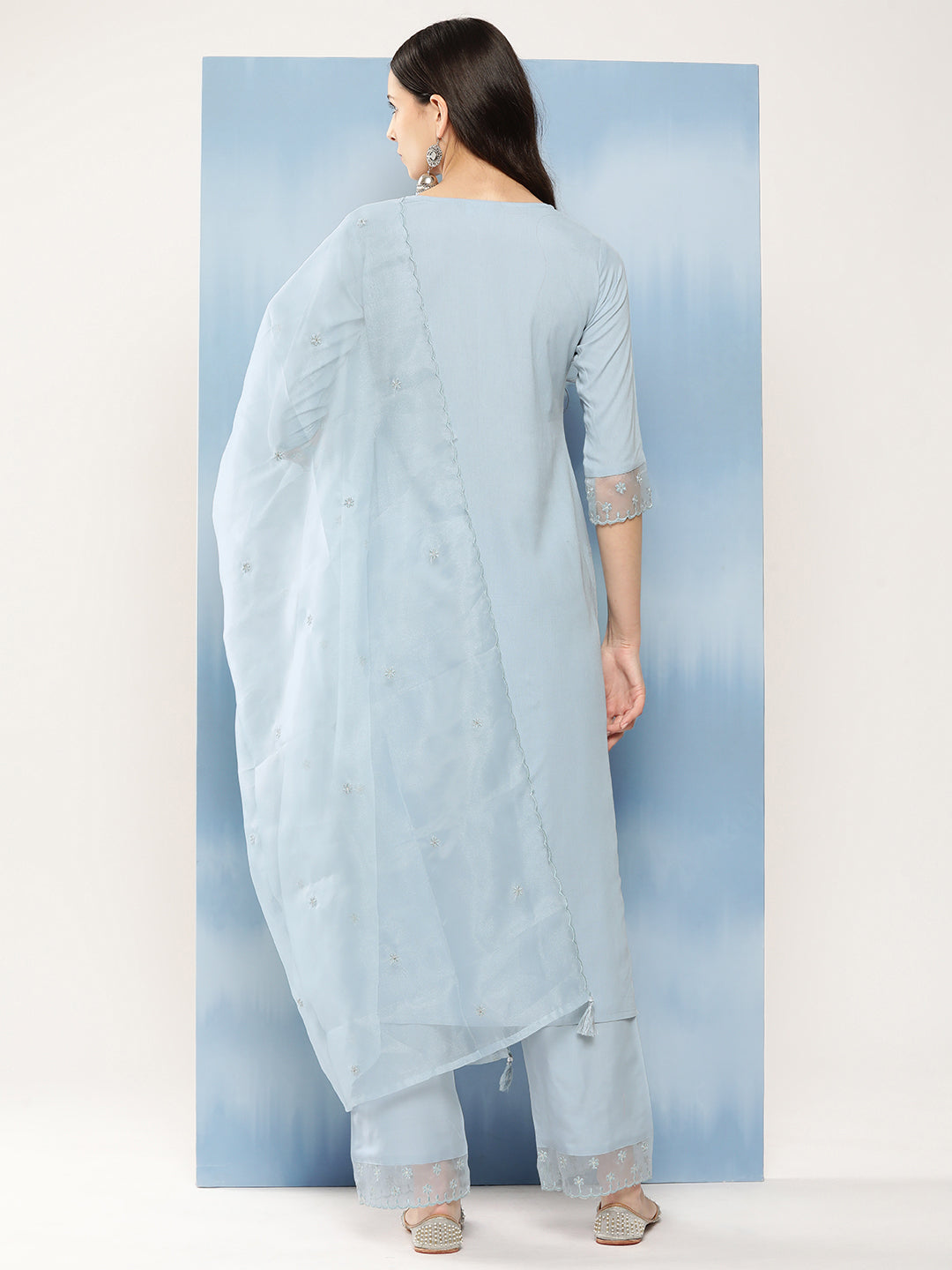 Women's Blue Embroidered Straight Kurta With Palazzo And Net Dupatta - Nayo Clothing