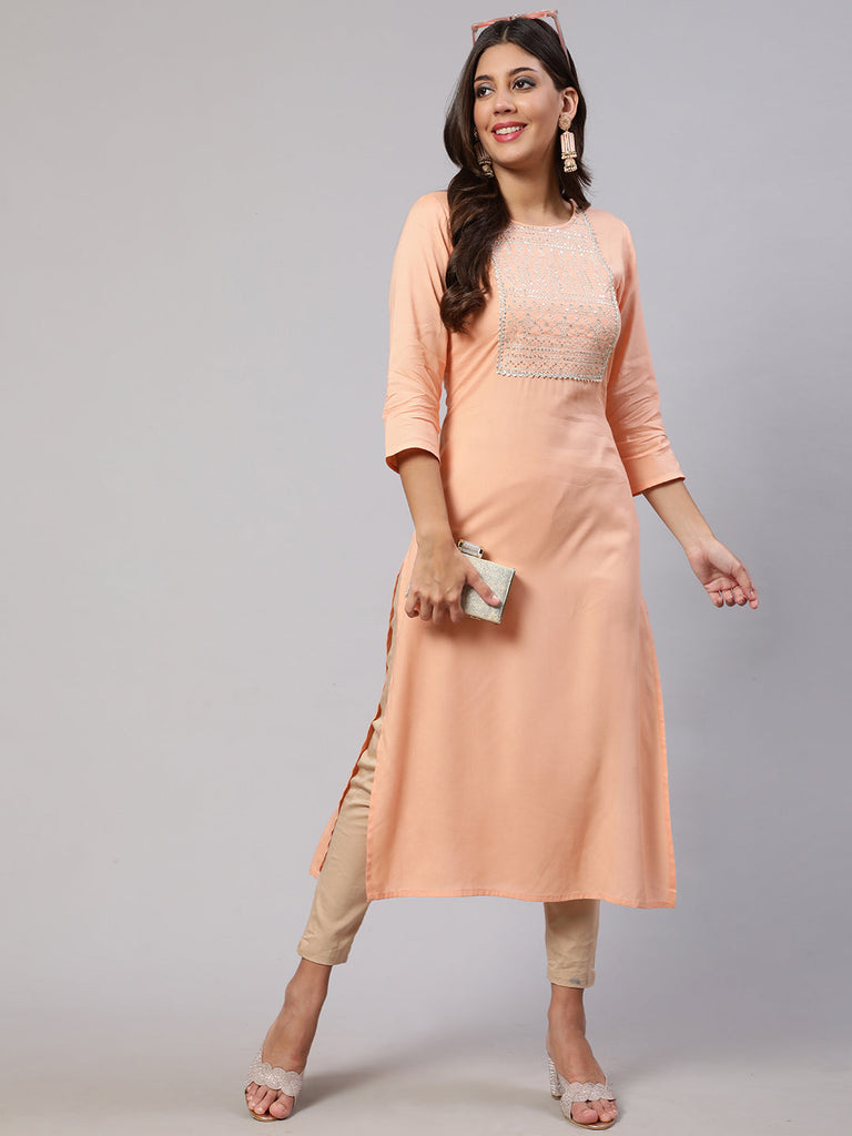 Women's Peach Embroidered Straight Kurta With Three Quarter Sleeves