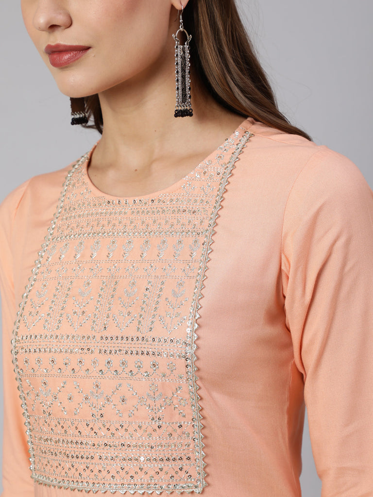 Women's Peach Embroidered Straight Kurta With Three Quarter Sleeves