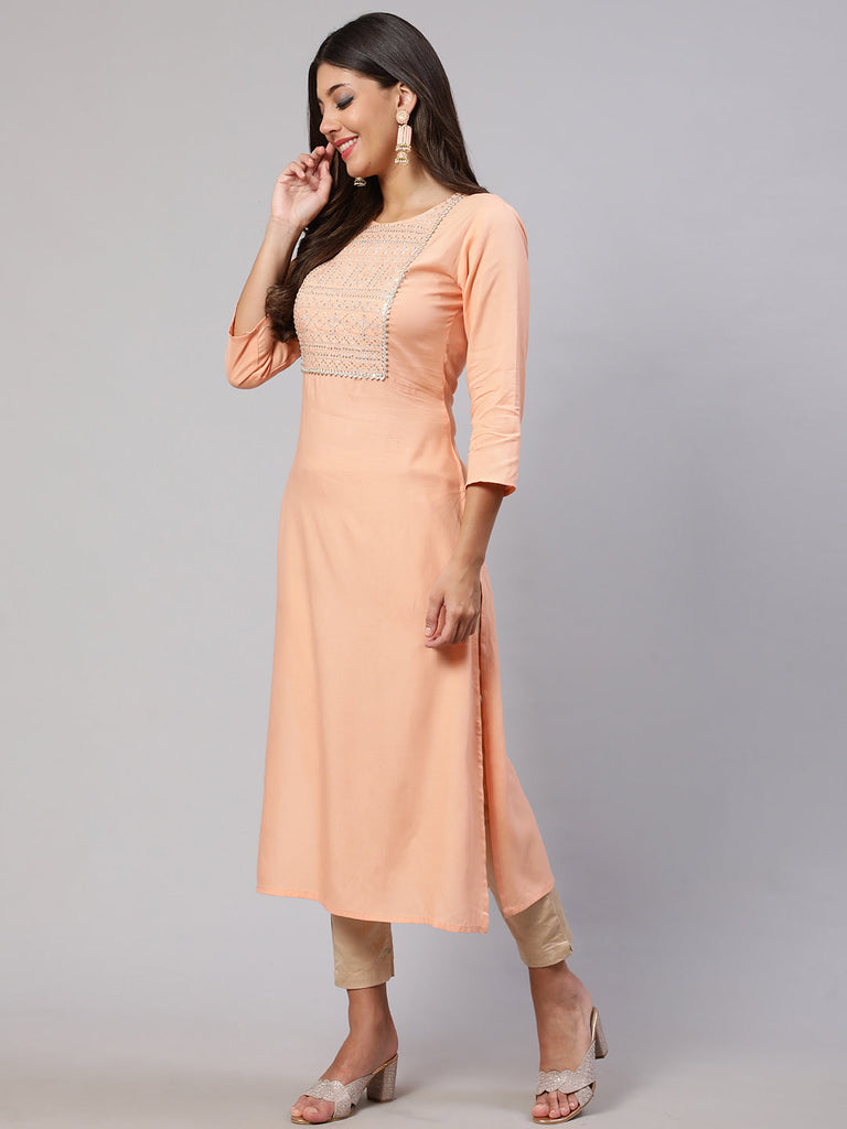 Women's Peach Embroidered Straight Kurta With Three Quarter Sleeves