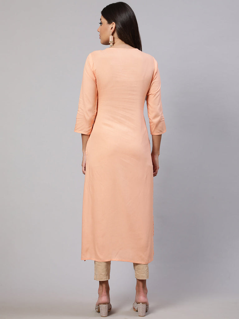 Women's Peach Embroidered Straight Kurta With Three Quarter Sleeves
