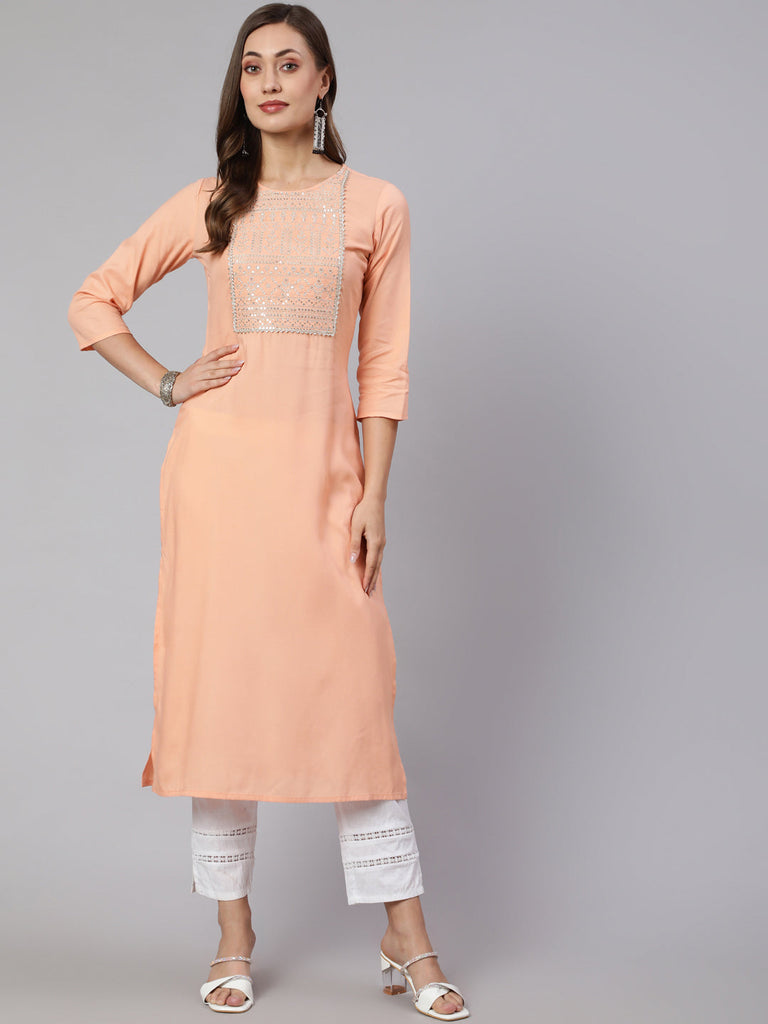 Women's Peach Embroidered Straight Kurta With Three Quarter Sleeves