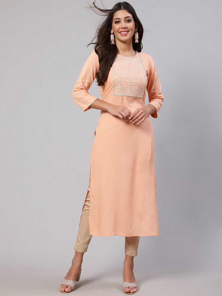 Women's Peach Embroidered Straight Kurta With Three Quarter Sleeves