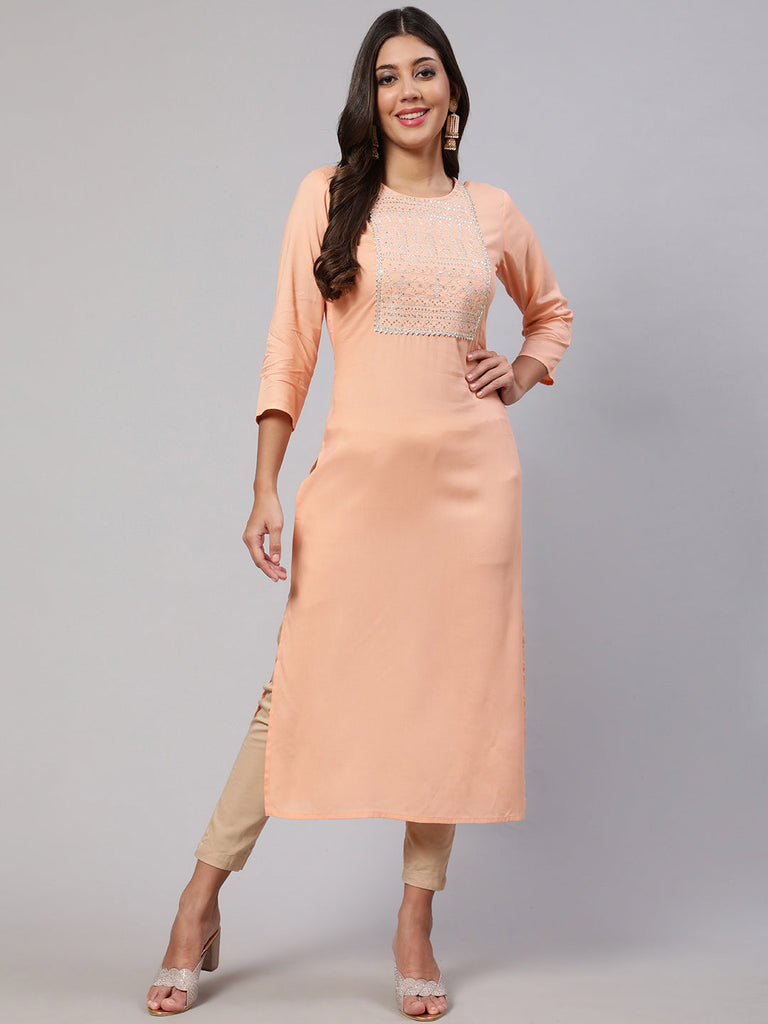 Women's Peach Embroidered Straight Kurta With Three Quarter Sleeves