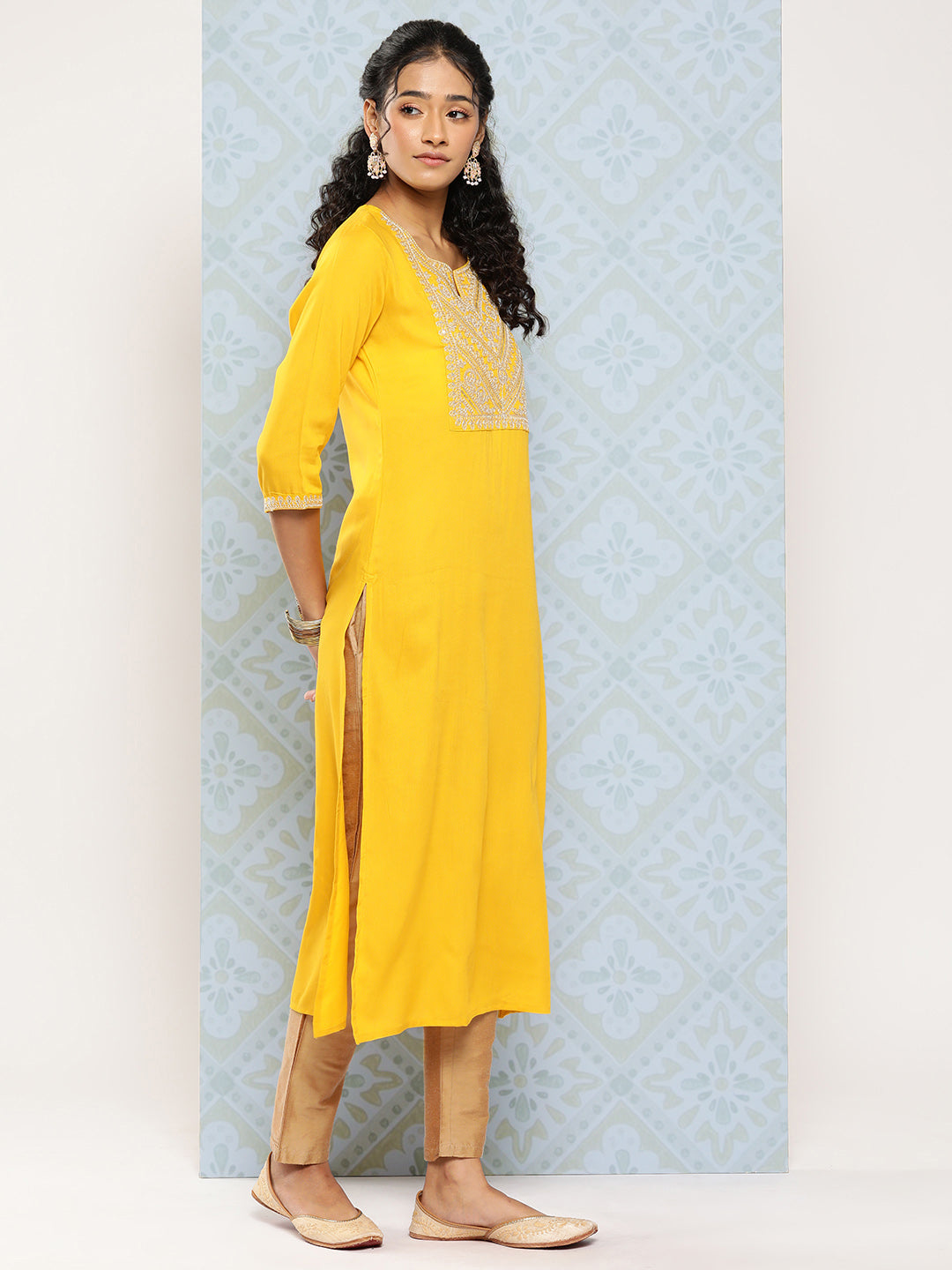 Women's Yellow Embroidered Yoke Desgin Straight Kurta - Nayo Clothing