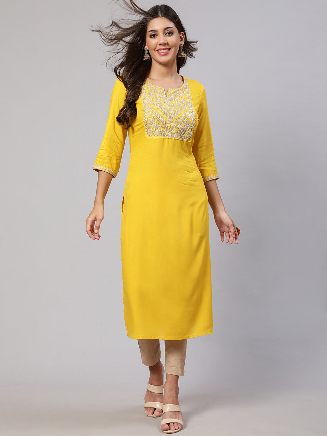 Women's Yellow Embroidered Yoke Desgin Straight Kurta - Nayo Clothing