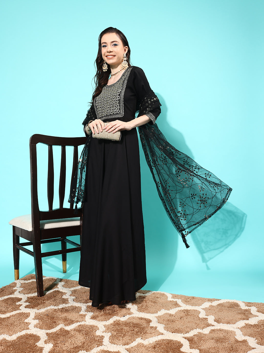 Women's Black Embroidered Solid Dress With Net Secquanc Dupatta - Nayo Clothing