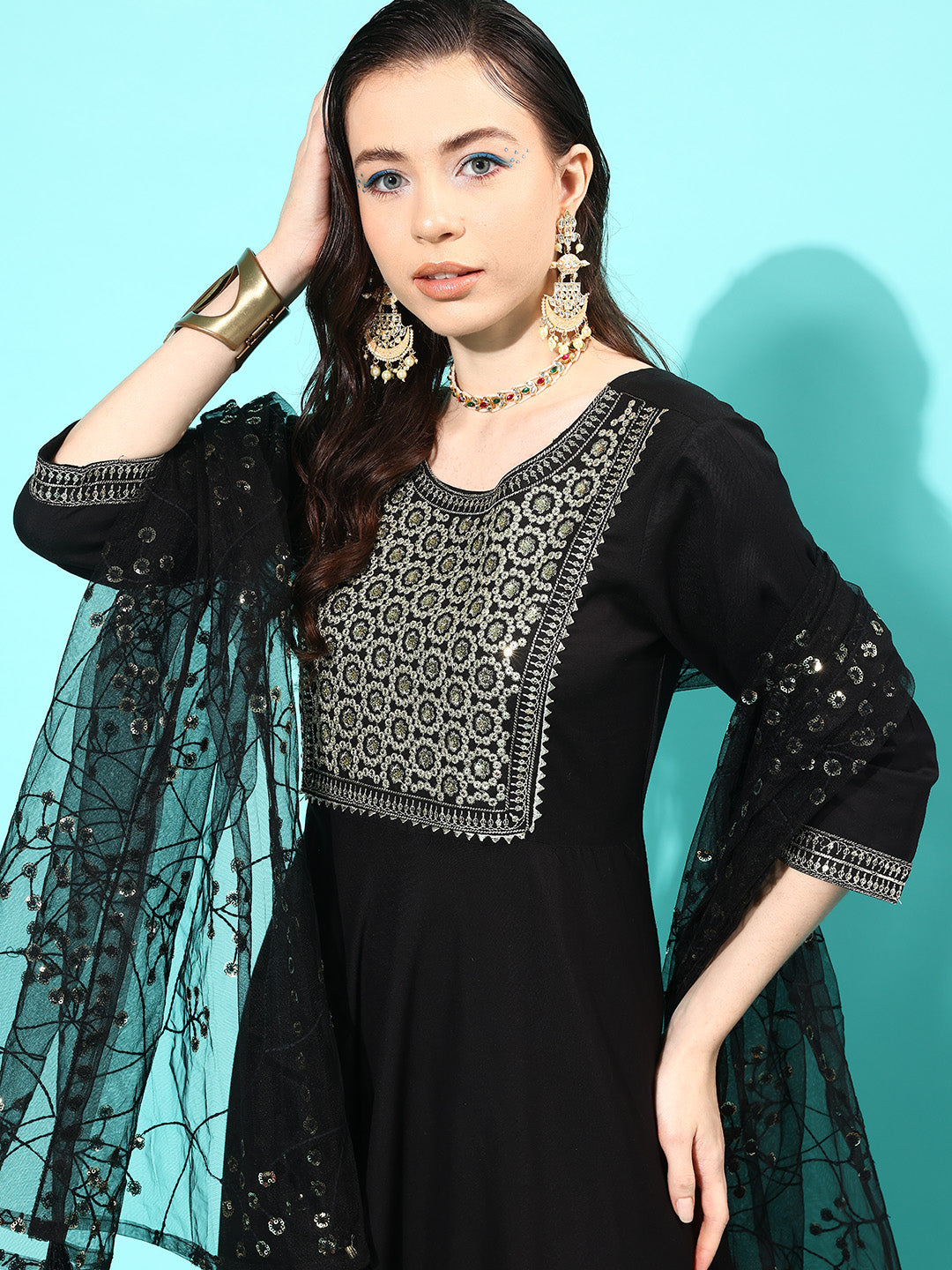 Women's Black Embroidered Solid Dress With Net Secquanc Dupatta - Nayo Clothing