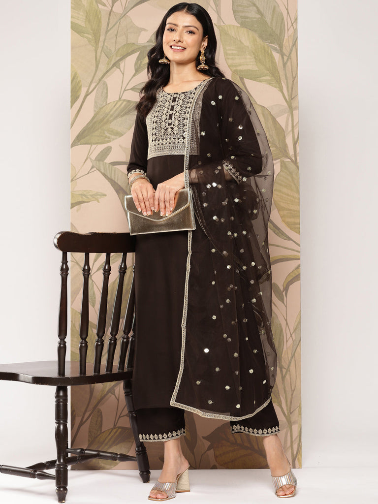 Women's Brown Embroidered Straight Kurta With Palazzo And Dupatta