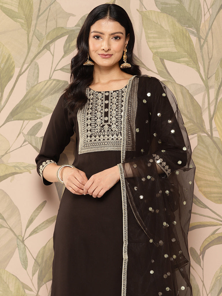 Women's Brown Embroidered Straight Kurta With Palazzo And Dupatta